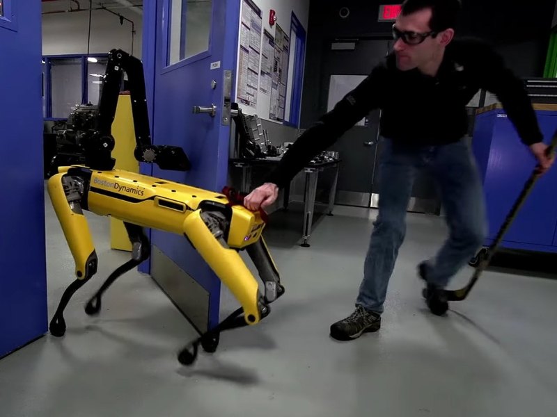 Der Spot Mini-Roboter von Boston Dynamics wird am hinteren Ende festgehalten