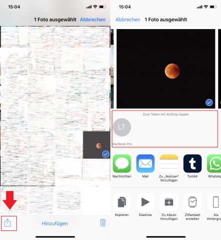 So könnt ihr dann Bilder über AirDrop auf dem iPhone verschicken.