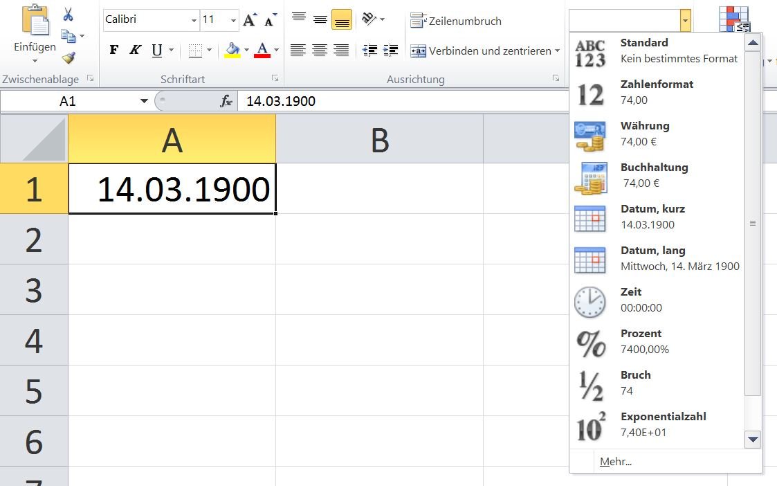 Achtet auf die richtige Formatierung: Wollt ihr die 74 behalten, wählt ihr das Zahlenformat aus. In der Regel reicht auch die automatische Eingabeerkennung bei der Standard-Formatierung.