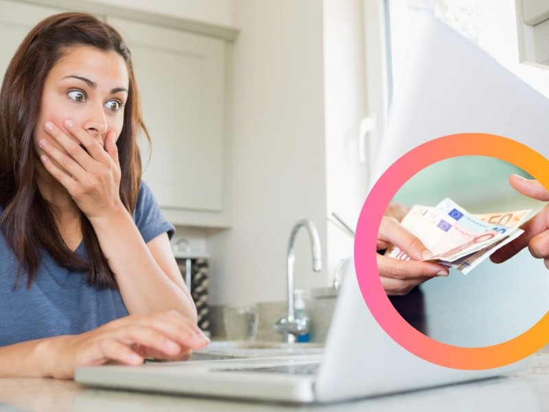 Frau geschockt am Laptop/Geld