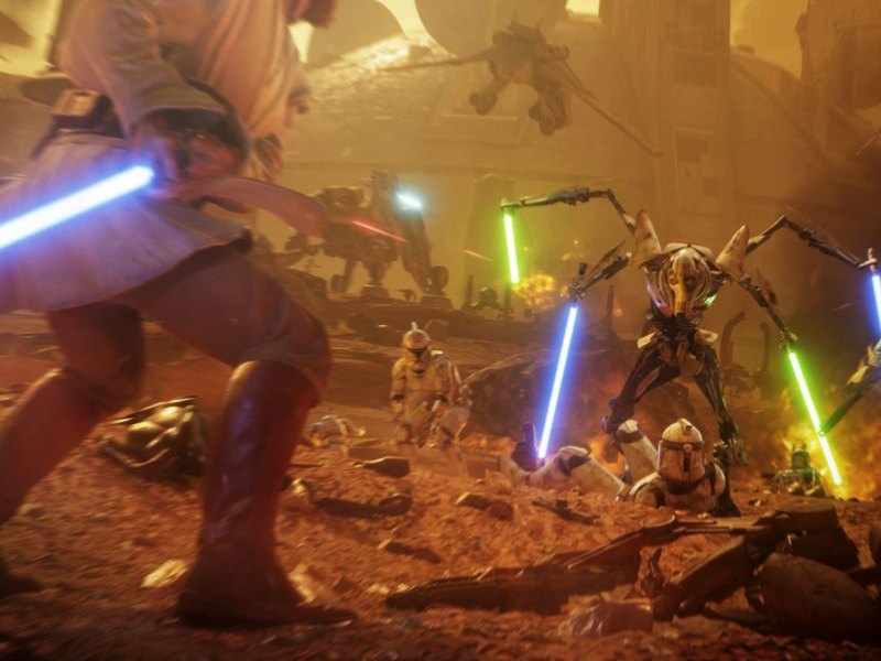 General Grievous gegen Obi-Wan Kenobi auf Geonosis ("Star Wars Battlefront 2" Screenshot)