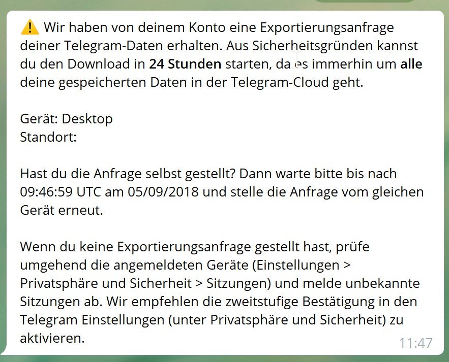 Wer seine Telegram-Daten exportieren will, muss ein wenig Geduld haben.