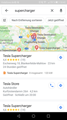 Ein Benzinkanister, der mit einem Blitz versehen ist, deutet bei Google Maps auf eine Ladestation hin.