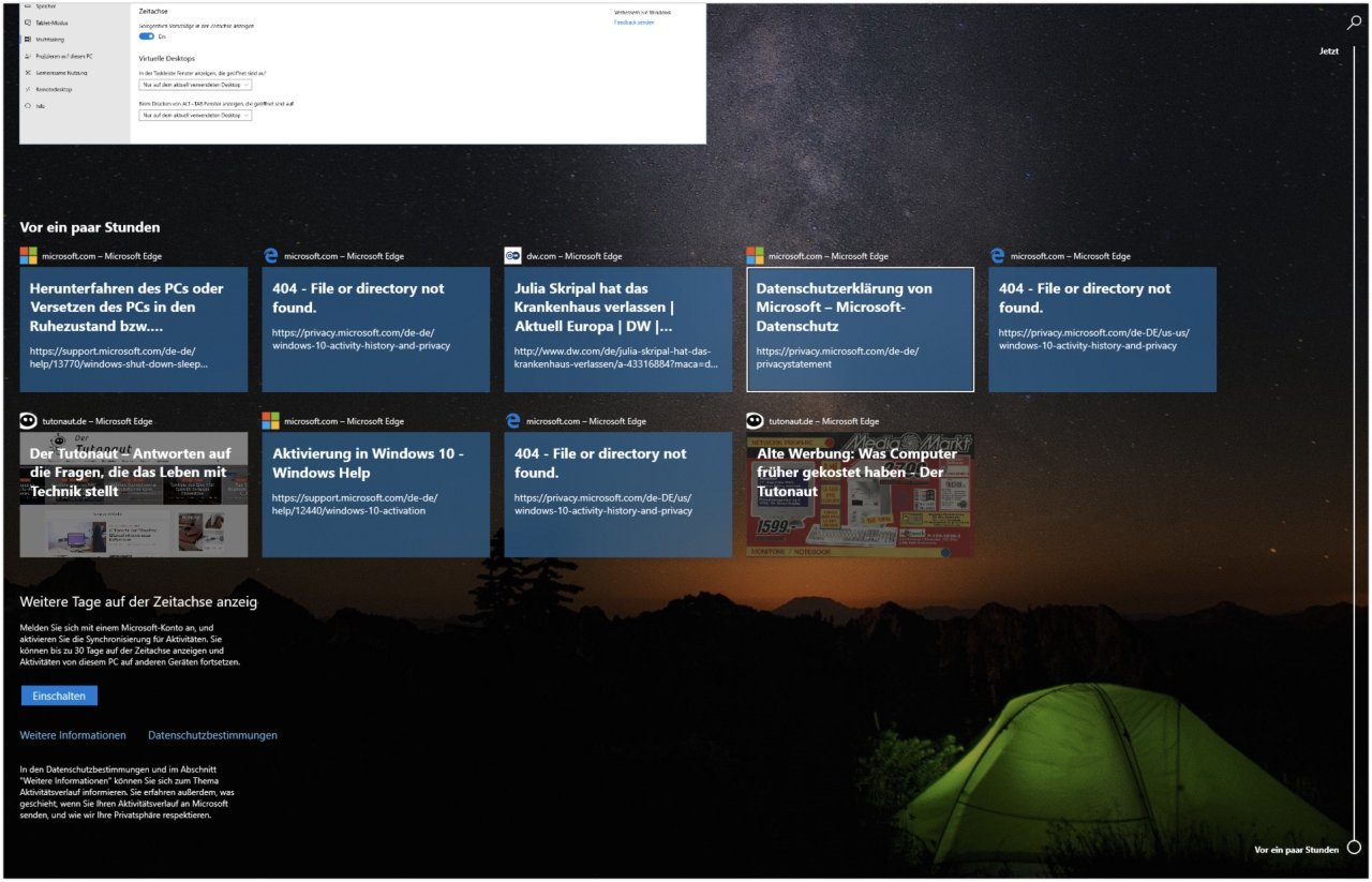 Die Windows 10 Timeline kann aktiviert und deaktiviert werden.