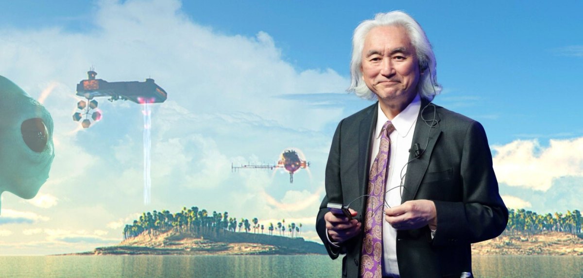 Michio Kaku vor einem illustierten Bild mit der Vorstellung von außerirdischem Lebem im All.