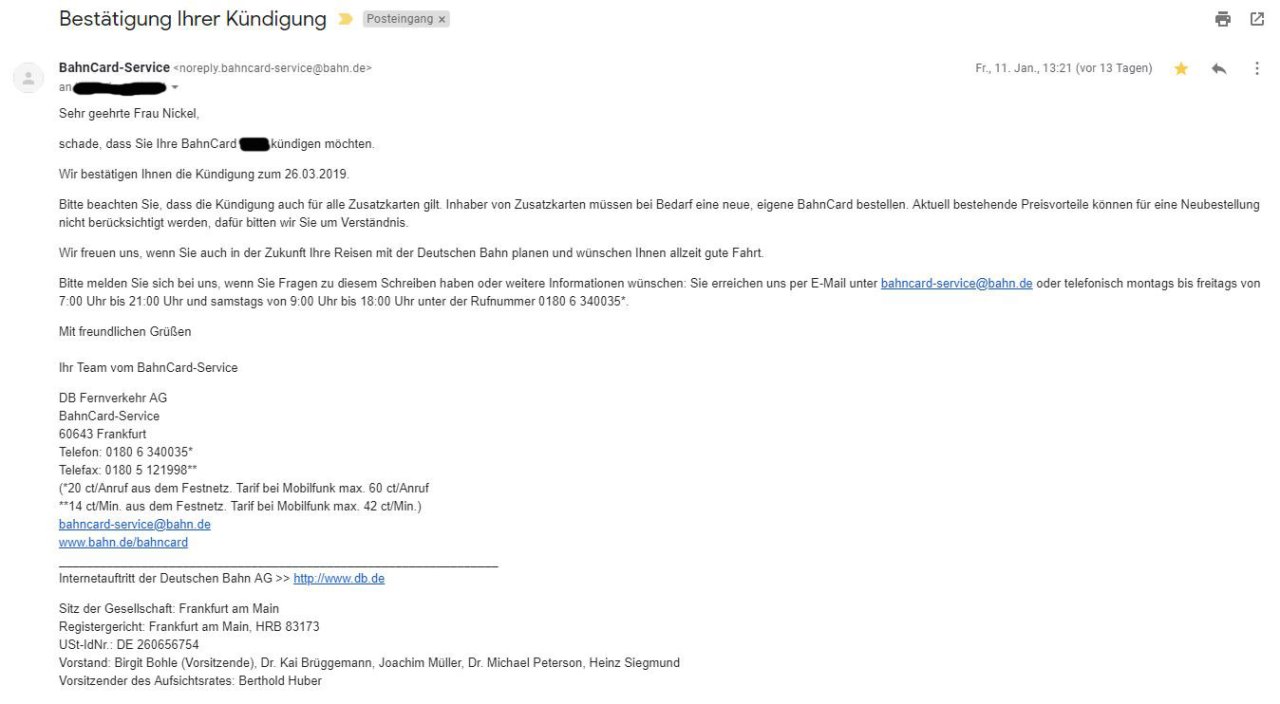 So sieht die Bestätigungs-Mail der Deutschen Bahn aus, wenn du deine BahnCard online gekündigt hast. So sieht die Bestätigungs-Mail der Deutschen Bahn aus, wenn du deine BahnCard online gekündigt hast.