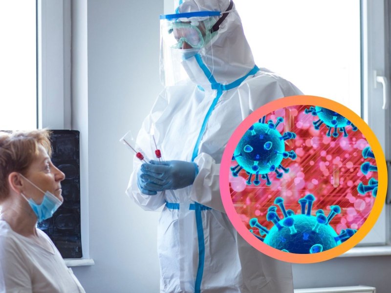 Arzt und Patient mit Spritzen und Coronaviren