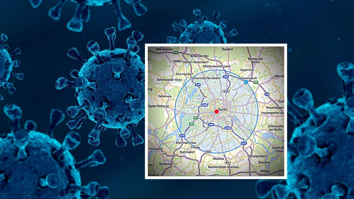 Coronavirus-Zellen mit Deutschlandkarte mit Berlin im Mittelpunkt.