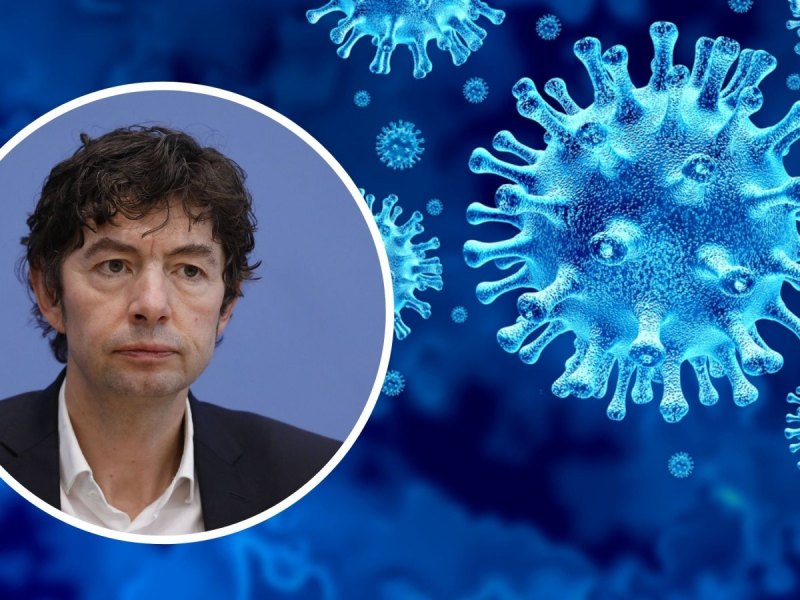 Christian Drosten und Coronavirus-Zellen.