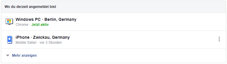 Auf Facebook kannst du schauen, wo du derzeit angemeldet bist.