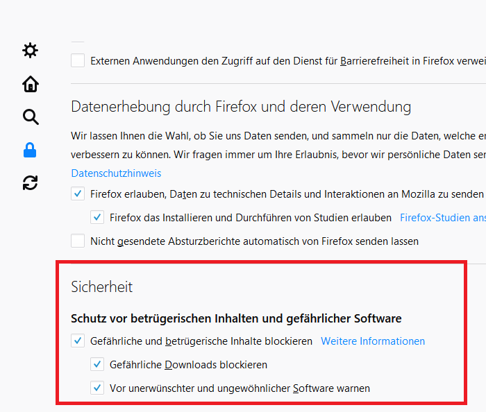 In Browsern wie Firefox könnt ihr euch vor Phishing in den Einstellungen schützen.