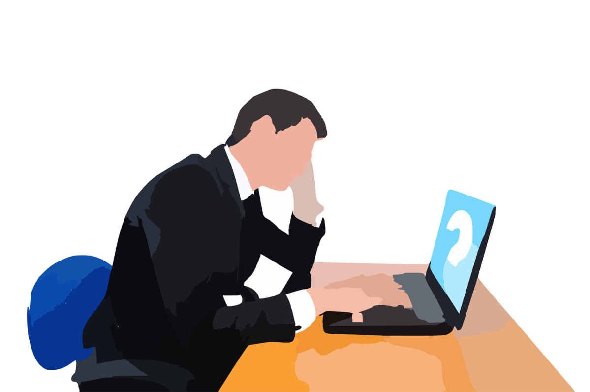 Mann sitzt fragend vor Laptop (Illustration)