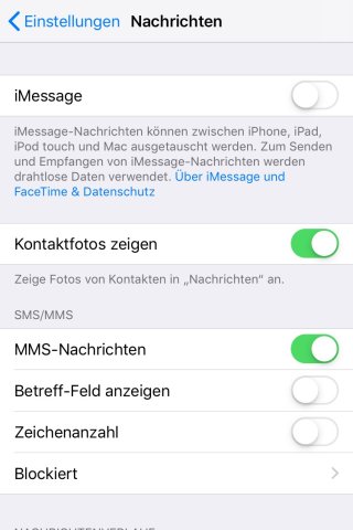 In den "Einstellungen" für "Nachrichten" kannst du iMessage mit dem Schieberegler an- oder ausschalten.