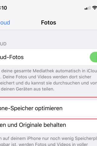 Optimiere den iPhone-Speicher der iCloud-Fotos.