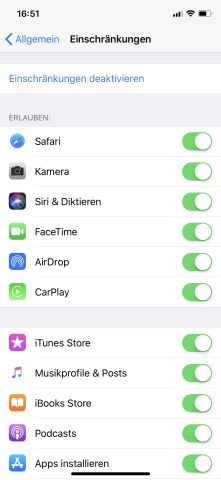 Sind die Einschränkungen aktiviert, könnt ihr dann die verschiedenen Anwendungen sperren.