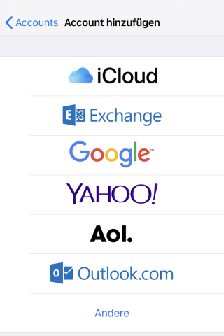 Tippt auf die voreingestellten E-Mail-Anbieter oder wählt unten "Andere" aus.