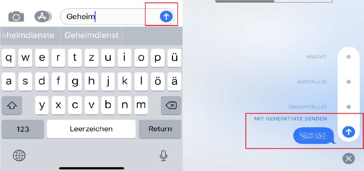 Versende mit iMessage Geheimnachrichten: Drück mit dem 3D-Touch auf das "Senden"-Symbol.