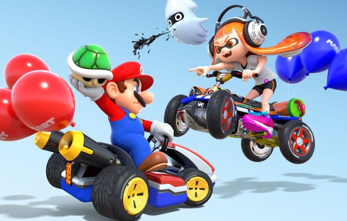 Mario und der weibliche Splatoon-Inkling im Kart-Duell