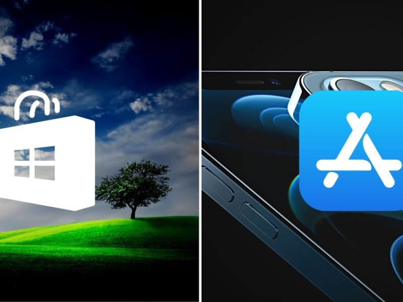 Logos vom Microsoft Store und Apples App Store