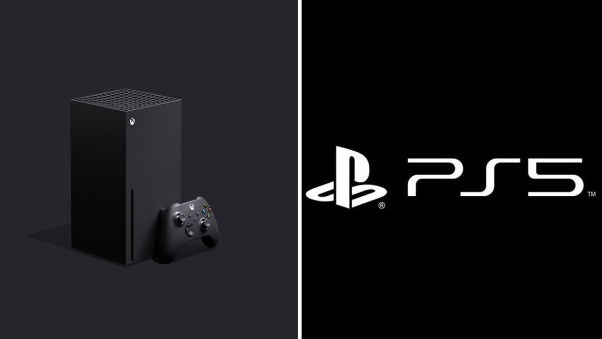 Die Xbox Series X (links) und das PS5-Logo (rechts)