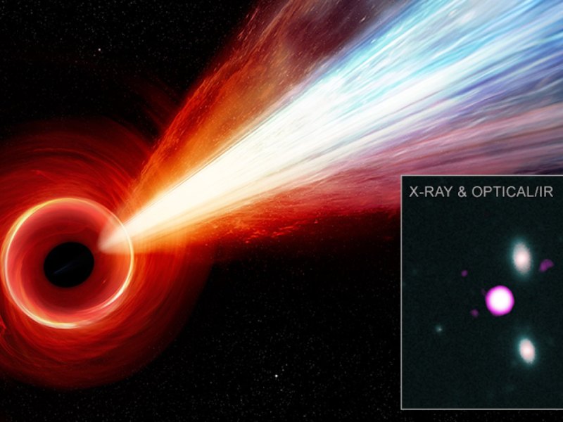 Eine Illustration des Quasars PJ352-15 und die tatsächliche Aufnahme des Chandra X-ray Observatory (r.).