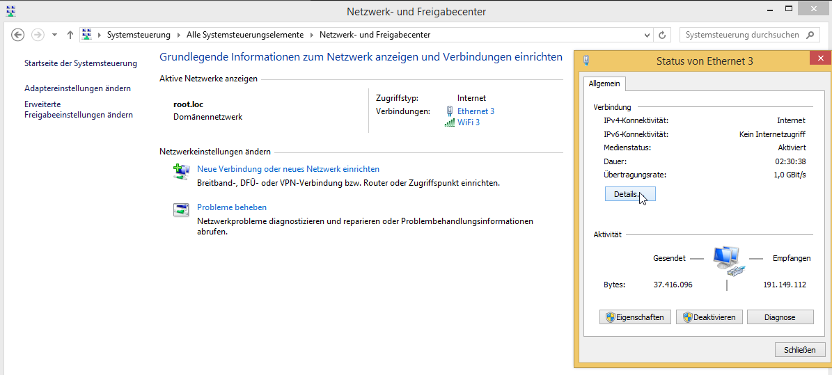 Im Netzwerk- und Freigabecenter könnt ihr schauen, ob die IP-Konfiguration korrekt eingestellt ist.