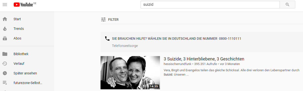 Wer bei YouTube nach Selbstmord sucht, bekommt immerhin die nationale Präventions-Hotline angezeigt.