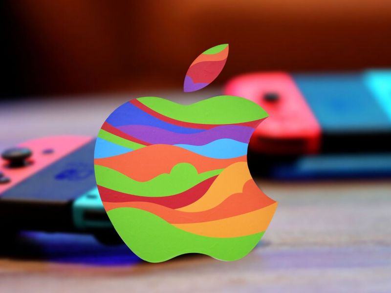 Apple-Logo vor einer Nintendo Switch