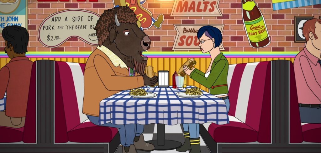 Diane von Bojack Horseman sitzt gegenüber eines Bisons.