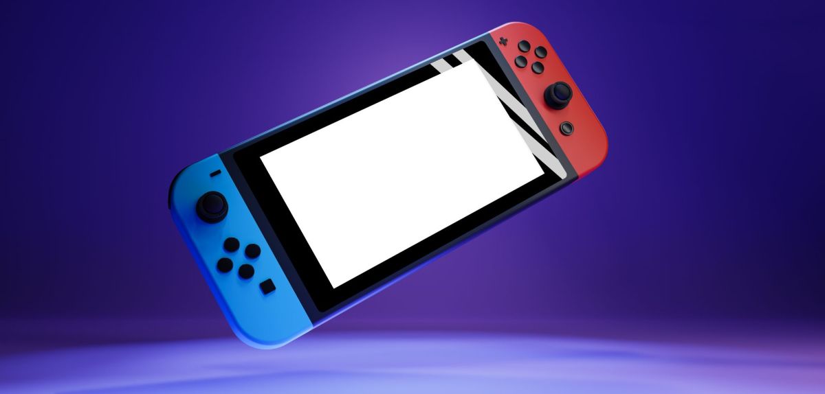 Grafische Darstellung einer Nintendo Switch vor lila Hintergrund.