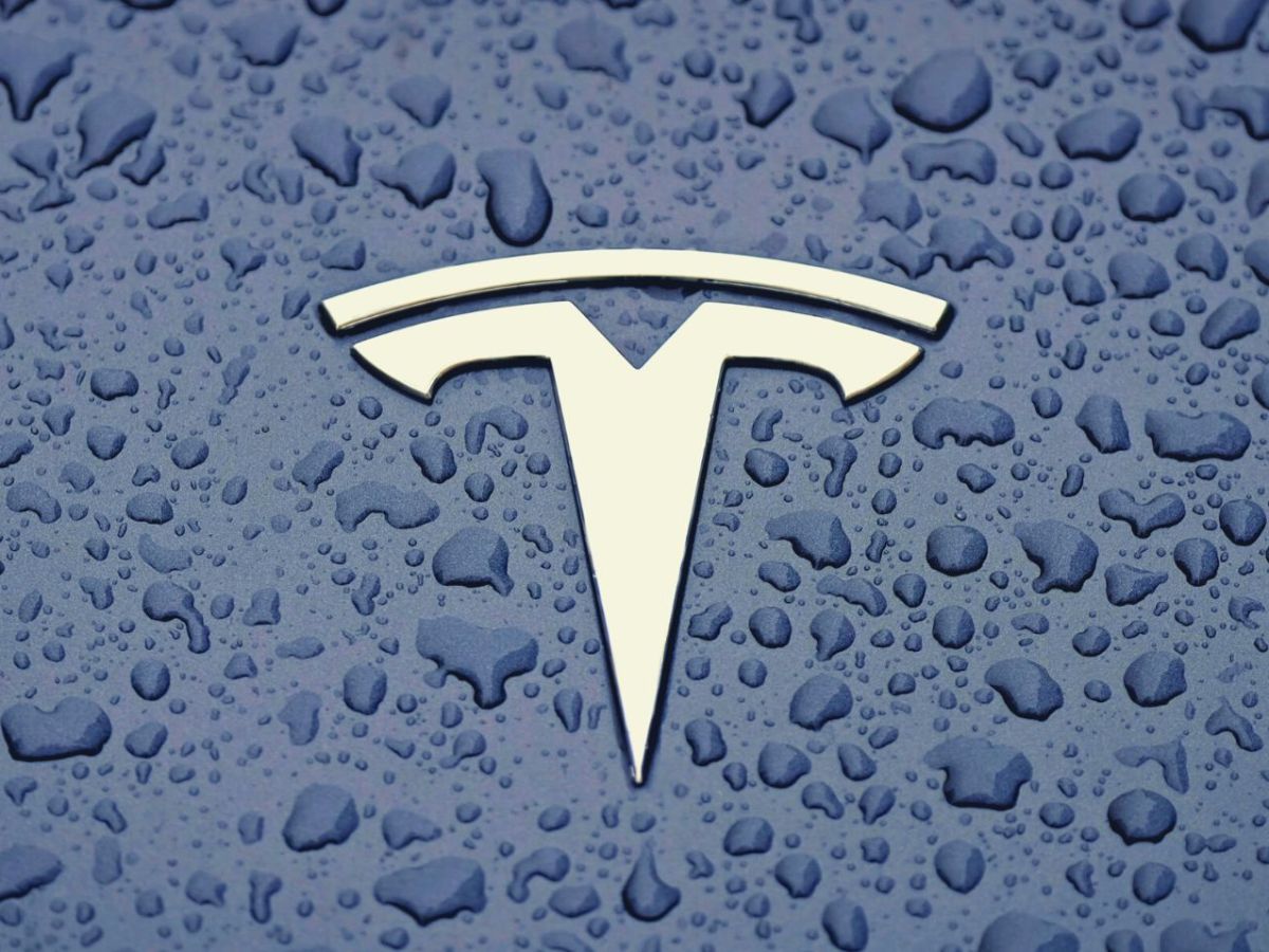 Tesla-Logo auf nassem Untergrund.