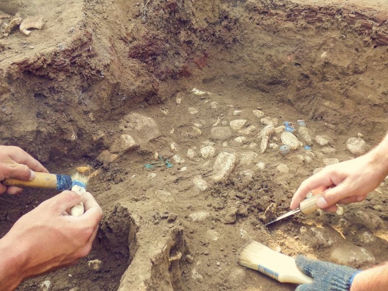 Personen bei einer archÃ¤ologischen Ausgrabung.