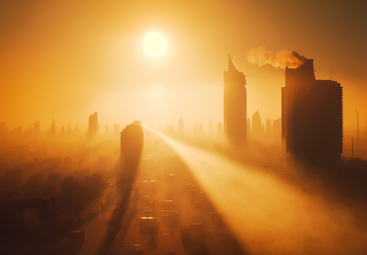 Hitzewelle in einer Stadt mit darüber scheinender Sonne