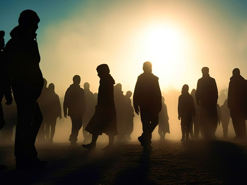 Silhouetten von Menschen, im Hintergrund die Sonne.