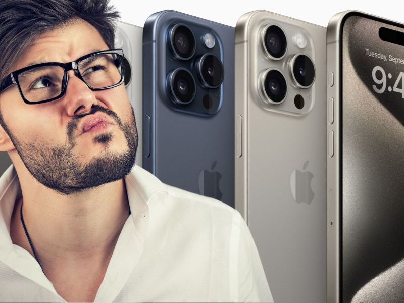 iPhone 15 Pro im Hintergrund. Vordergrund: grÃ¼belnder Mann