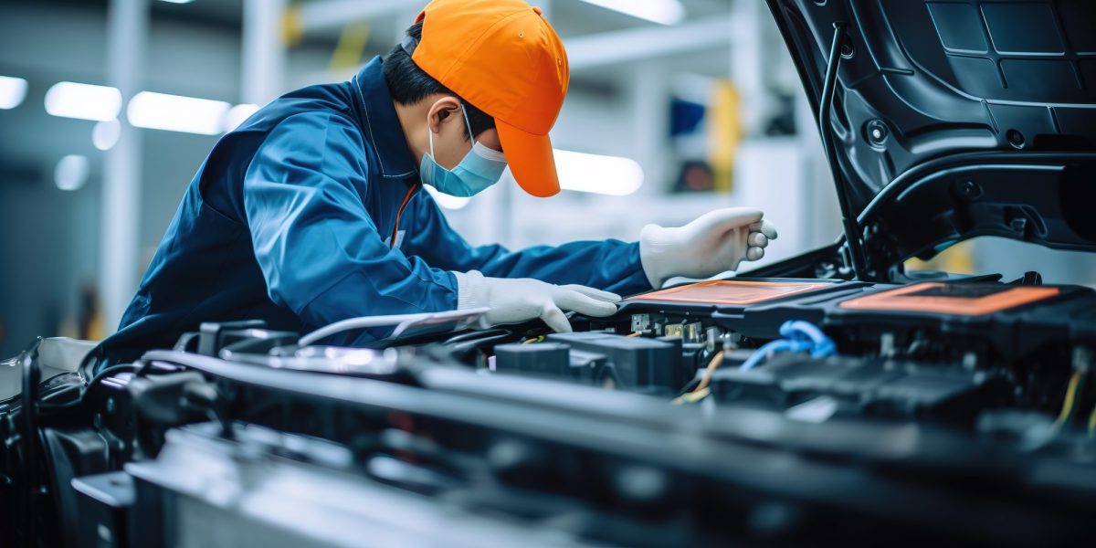 Person arbeitet an einem Elektroauto