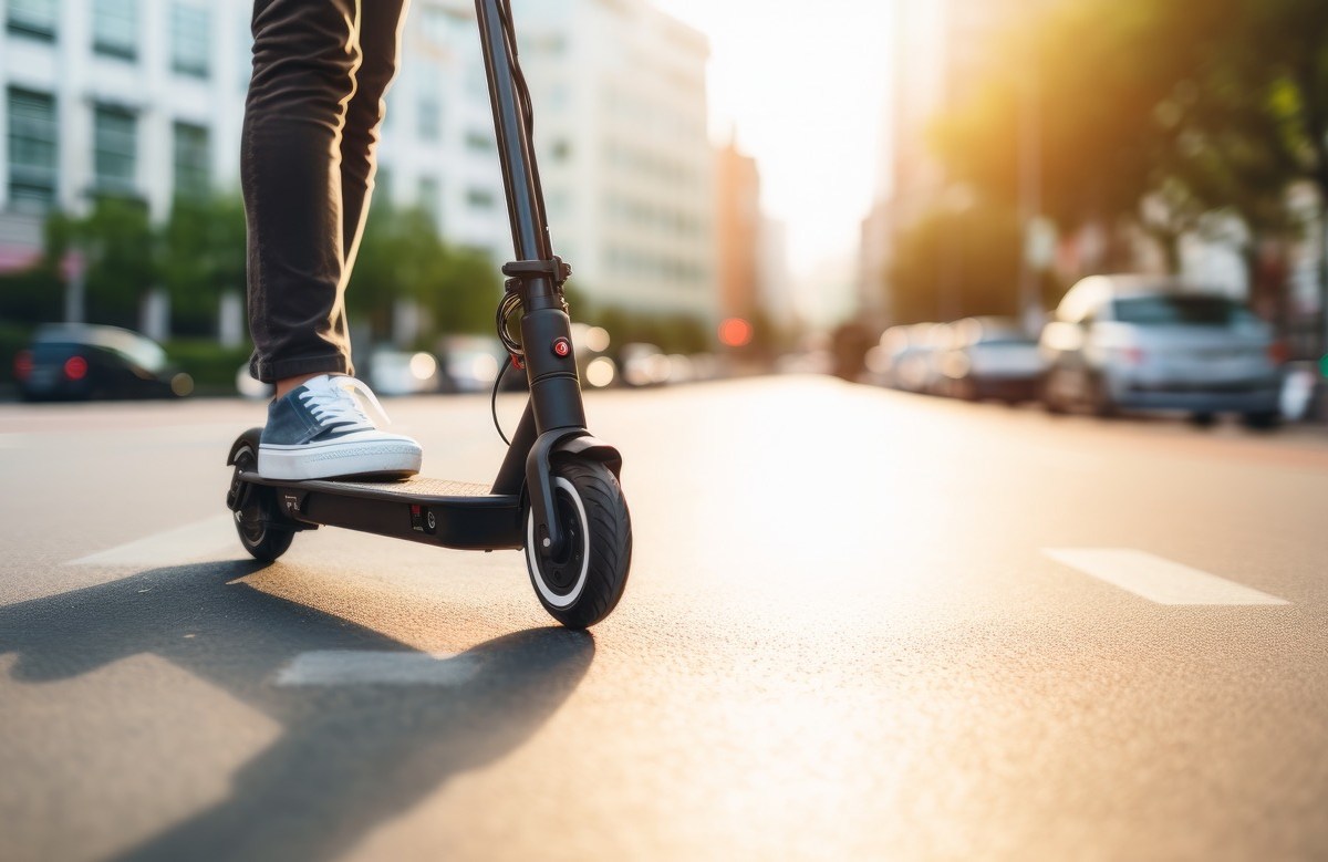 Mann fährt auf E-Scooter über die Straße.