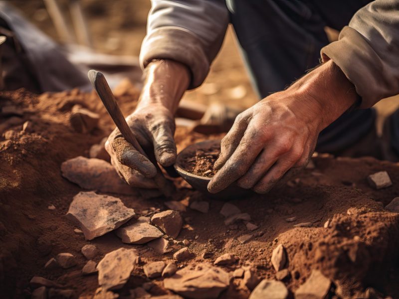 Der archÃ¤ologische Fund einer Scherbe im Staub.