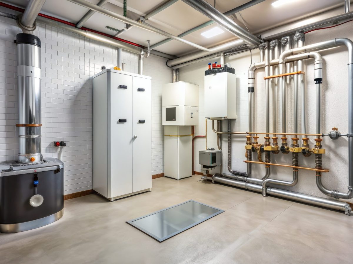 KI-Render einer Wärmepumpe mit Fußbodenheizung.