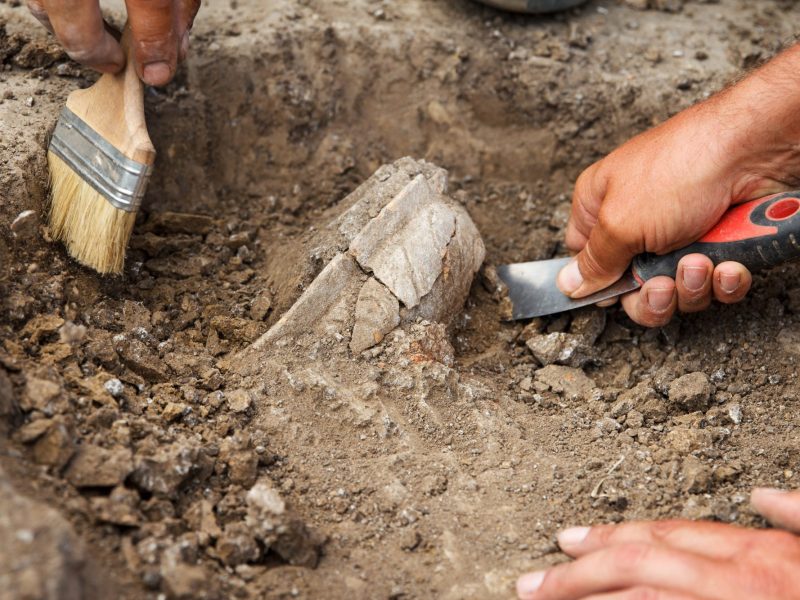 ArchÃ¤ologische Ausgrabung mit verschiedenen Werkzeugen.