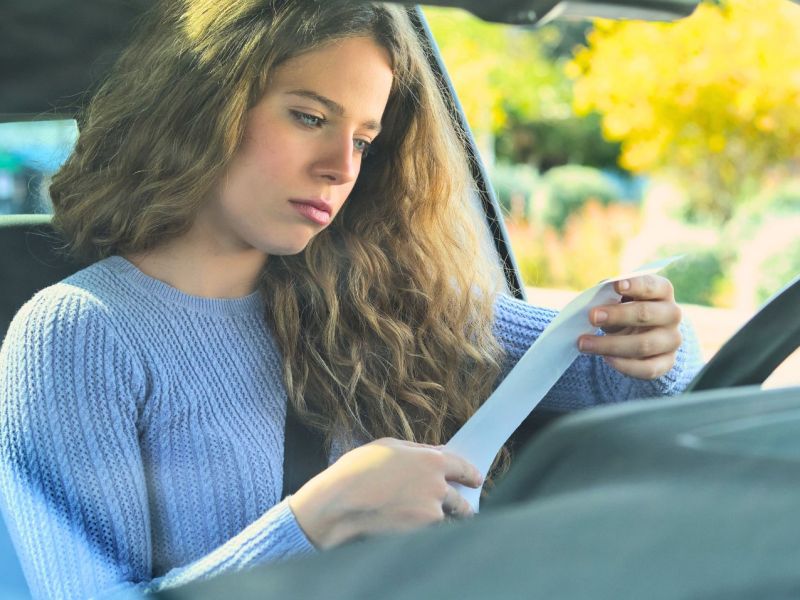 Frau im Auto schaut unglÃ¼cklich auf einen Strafzettel.