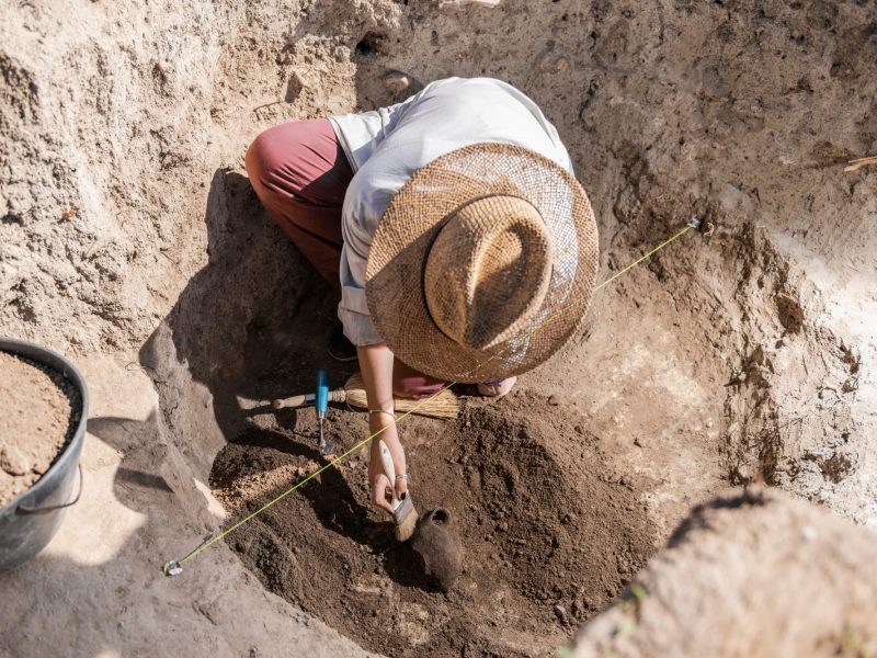 Frau grÃ¤bt an einem archÃ¤ologischen Fund.