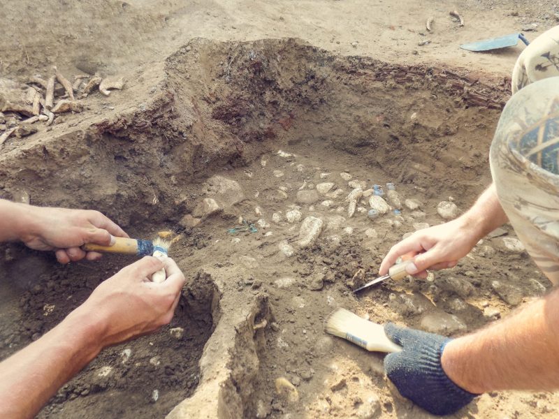 Menschen graben mit Werkzeugen an einem archÃ¤ologischen Fund.