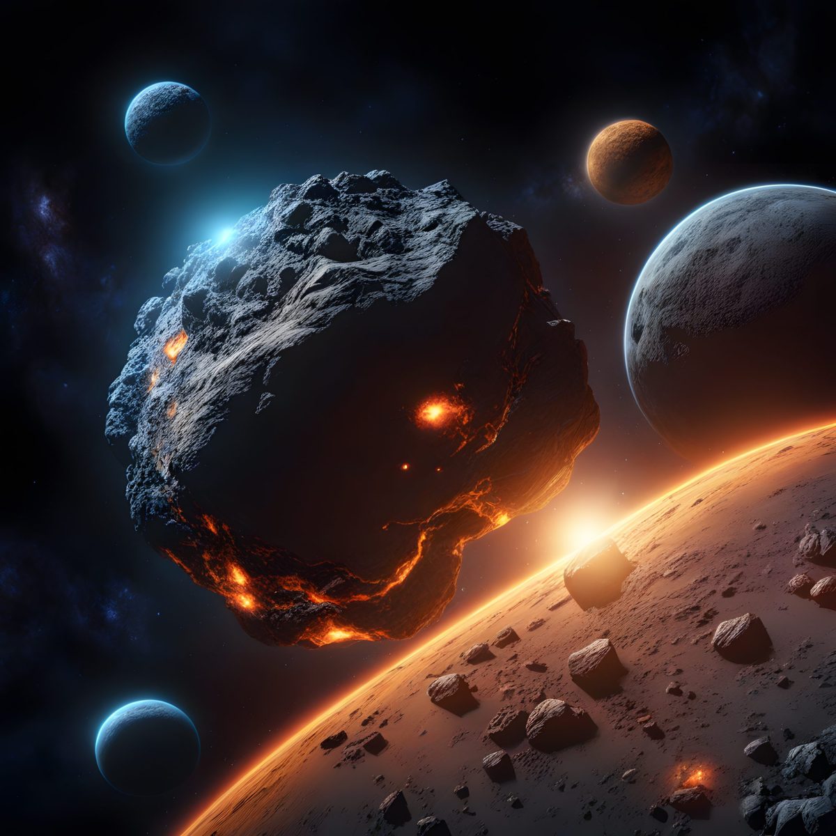 Asteroid schwebt über Planeten.