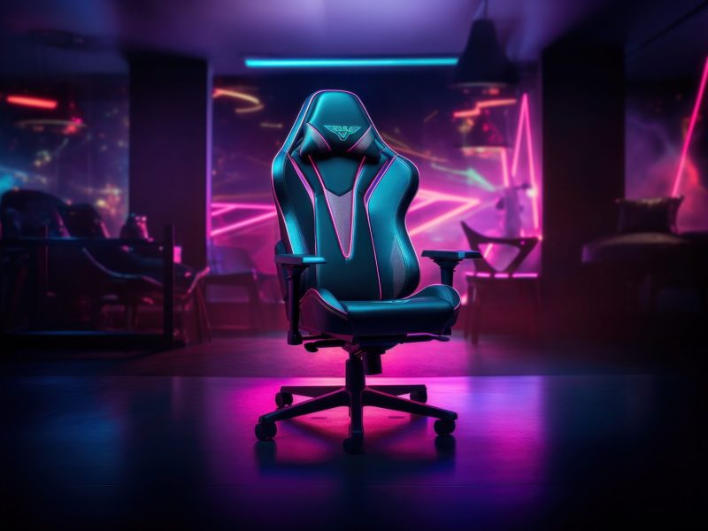 Gaming-Stuhl vor einem dunklen Hintergrund.