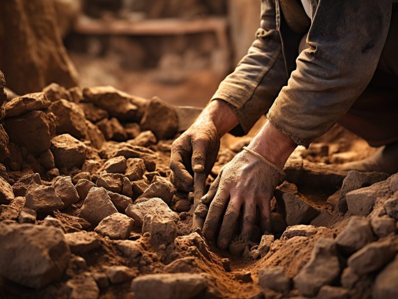 Mann arbeitet an einem archäologischen Fund.