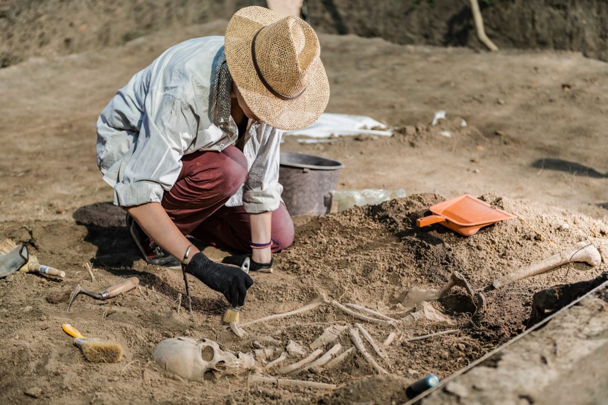 Frau arbeitet an einem archäologischen Fund.