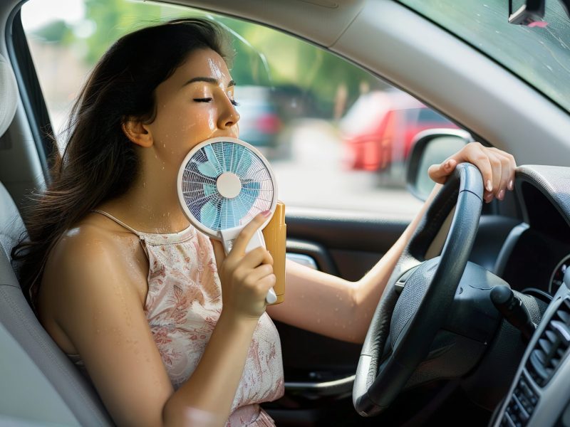 Frau sitzt am Steuer eines Autos. Sie schwitzt stark. In der Hand hÃ¤lt sie einen kleinen Ventilator.