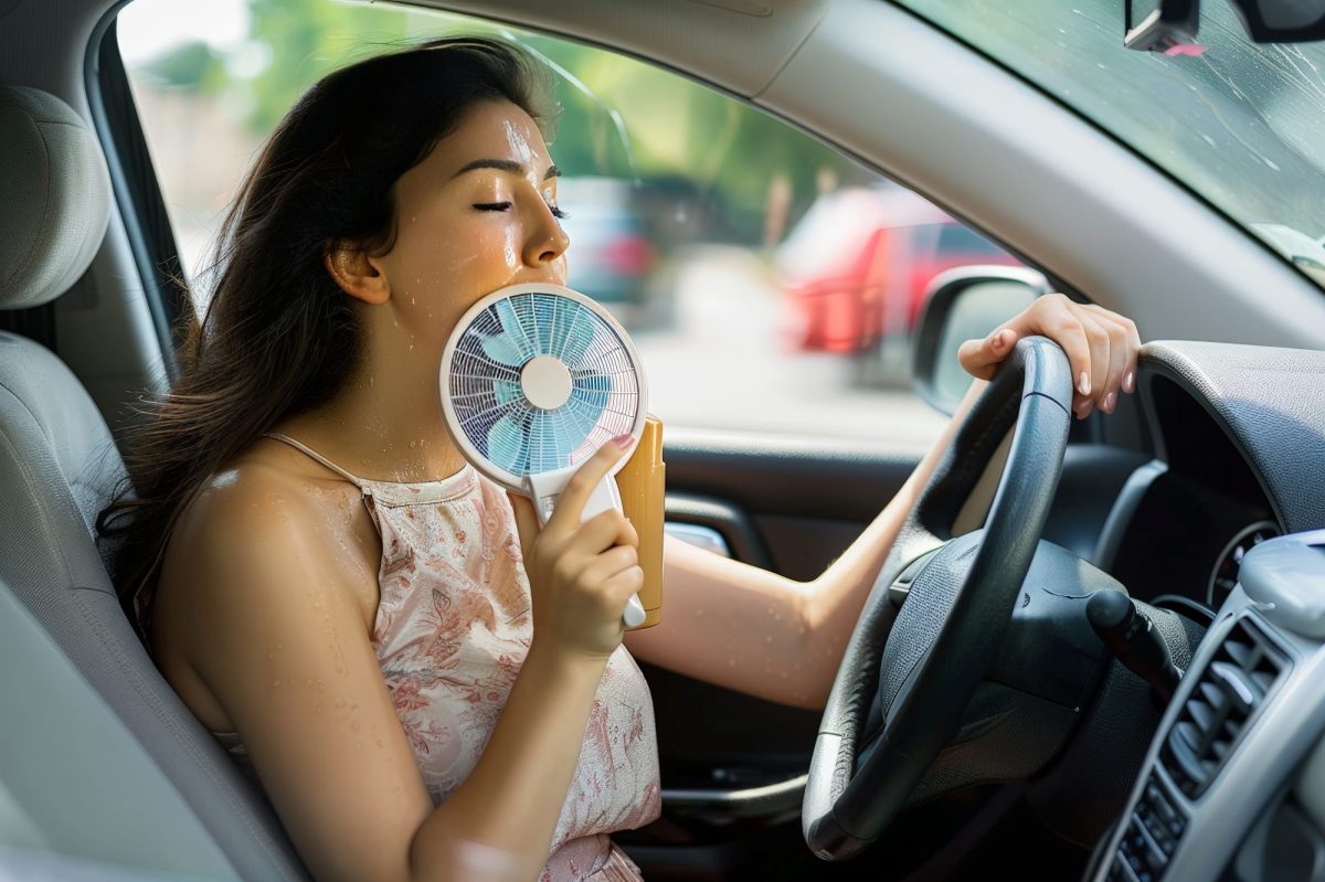 Frau sitzt am Steuer eines Autos. Sie schwitzt stark. In der Hand hÃ¤lt sie einen kleinen Ventilator.