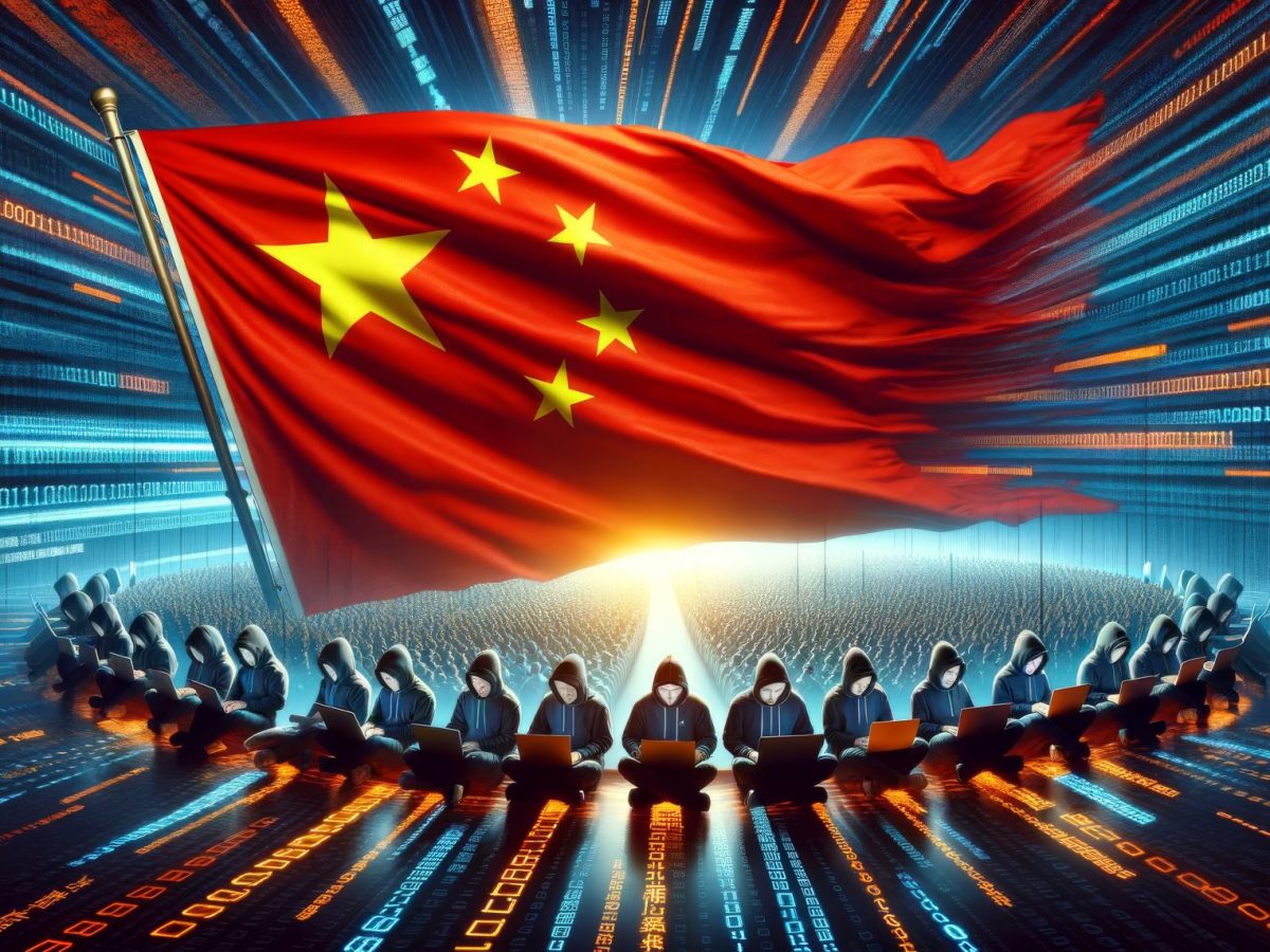 Eine Reihe von Hacker*innen vor einer chinesischen Flagge